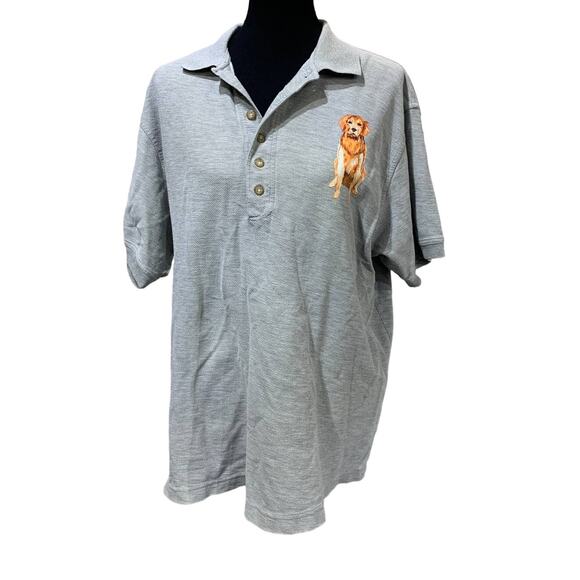 Hand Printed Upcycled Mens Medium Golden Retriever Puppy Dog Collared Polo Shirt - Picture 1 of 3